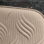 Light Beige Leather Upholstered Bed with Wave Quilting, Green Marble Accents & Gold Stainless Steel Hardware